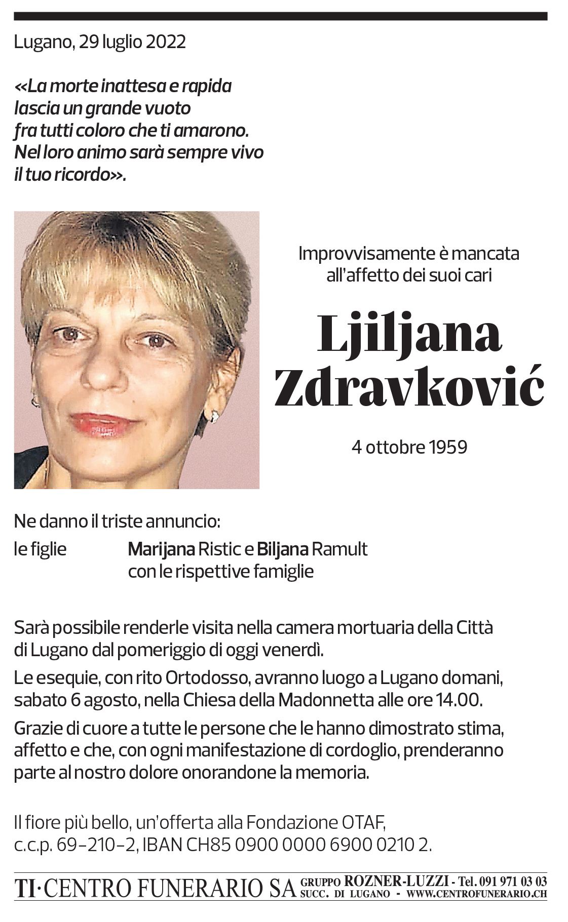 Annuncio funebre Ljiljana Zdravkovic