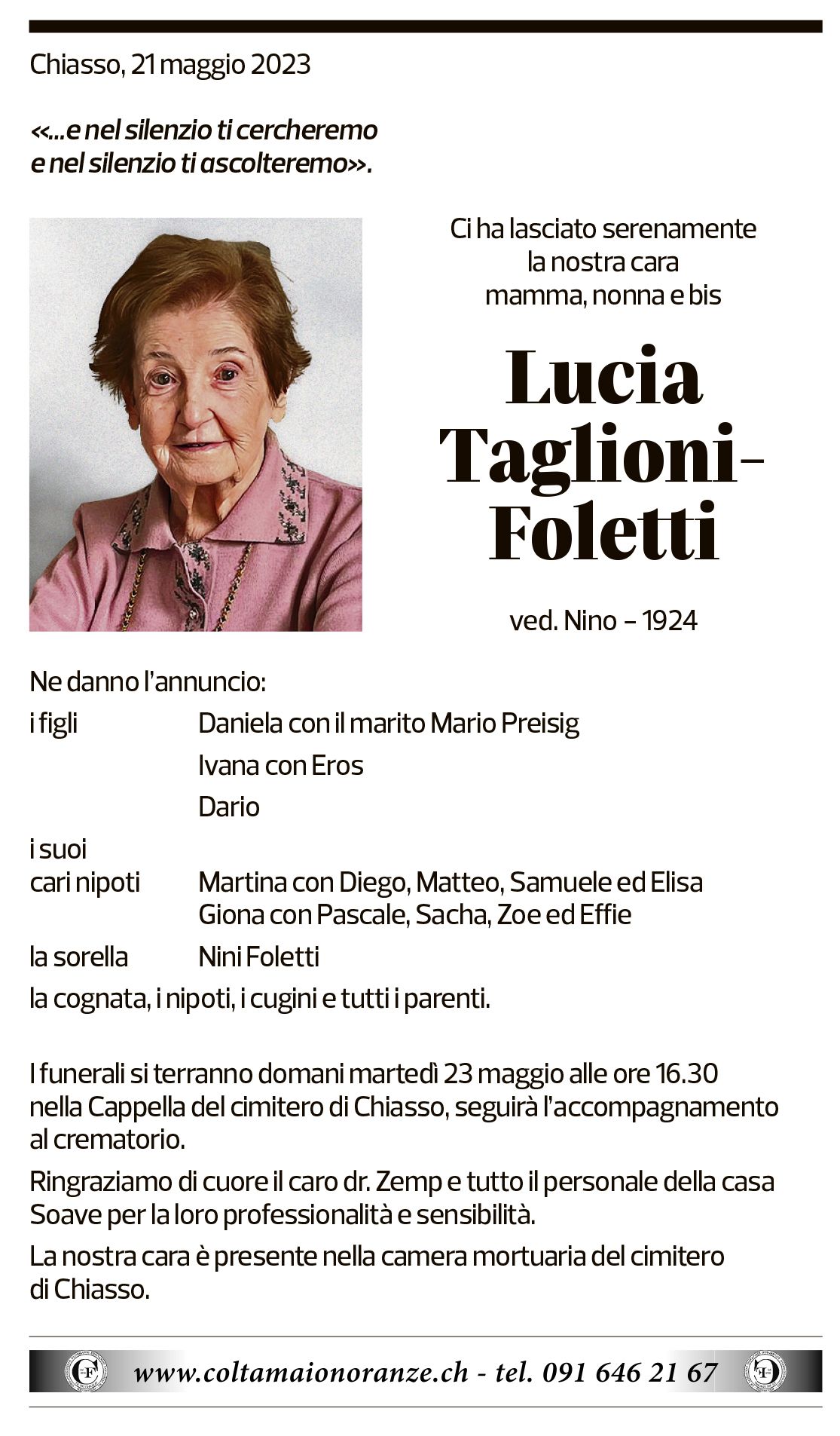 Annuncio funebre Lucia Taglioni-foletti