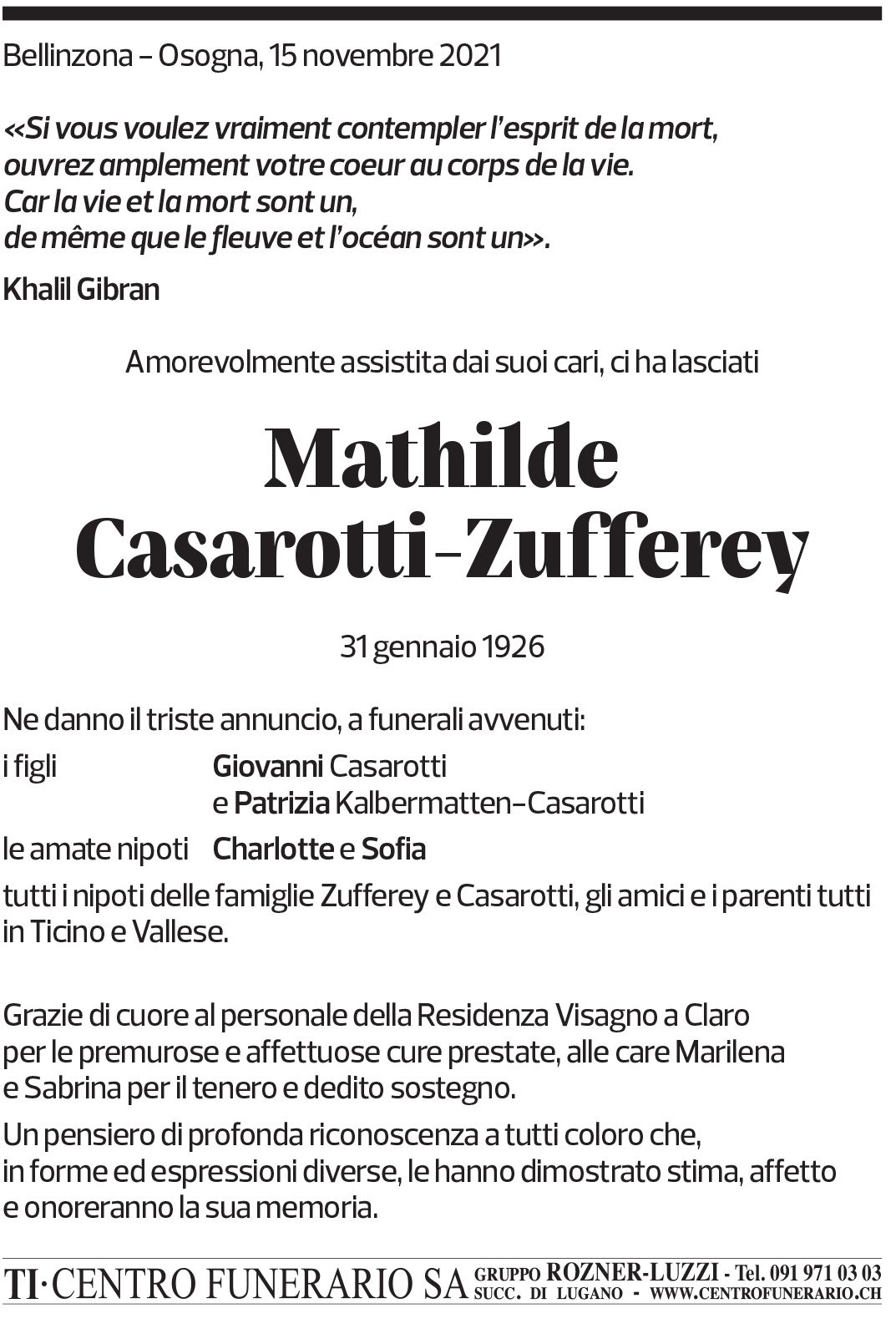 Annuncio funebre Mathilde Casarotti-zufferey