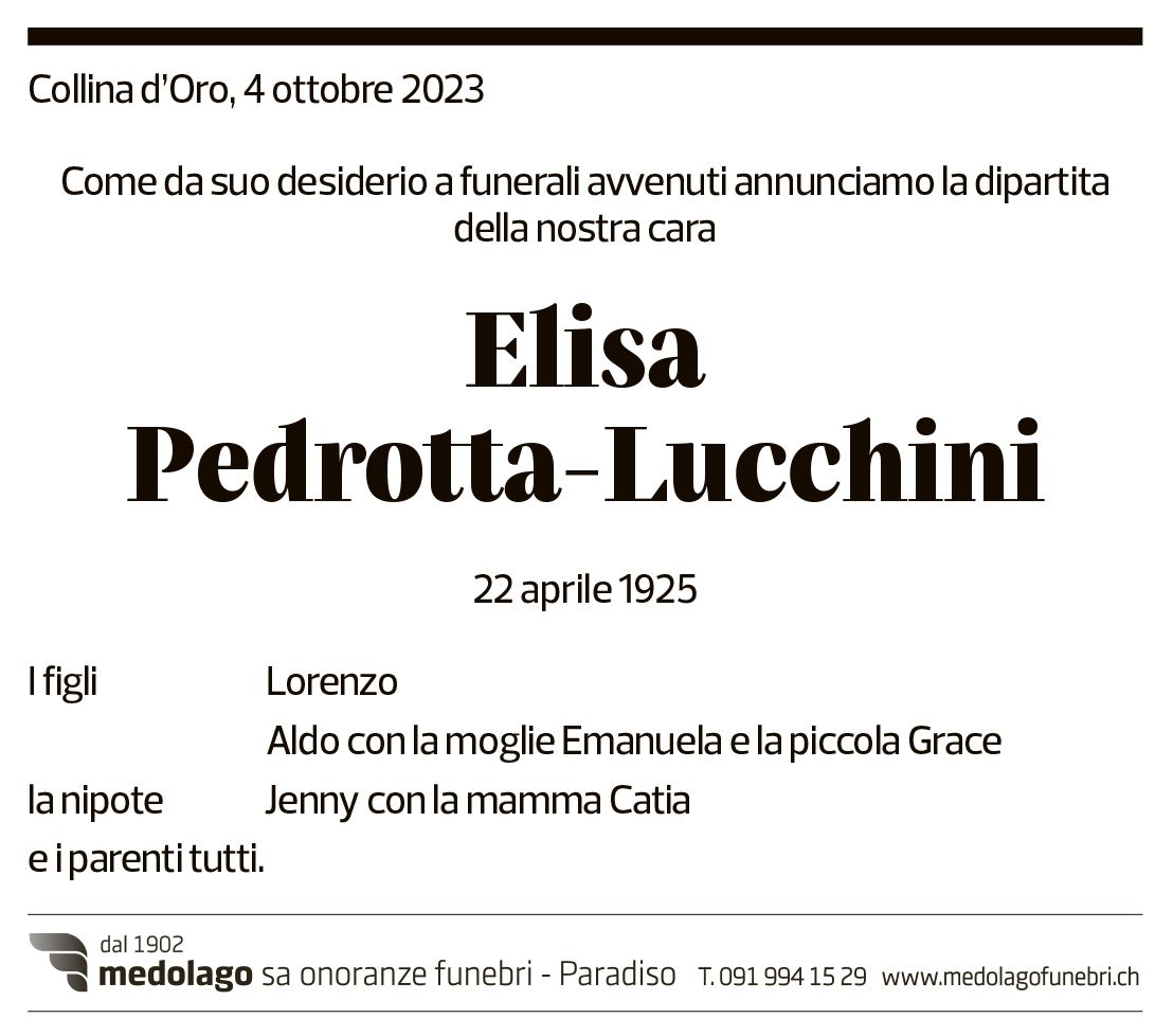 Annuncio funebre Elisa Pedrotta-lucchini