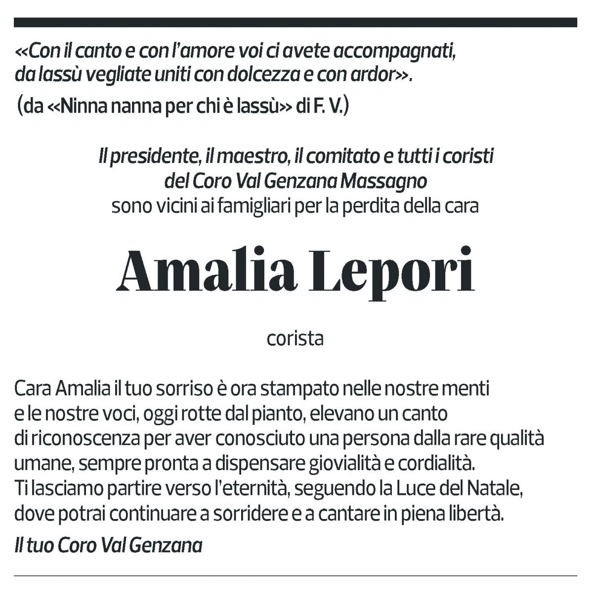 Annuncio funebre Amalia Lepori