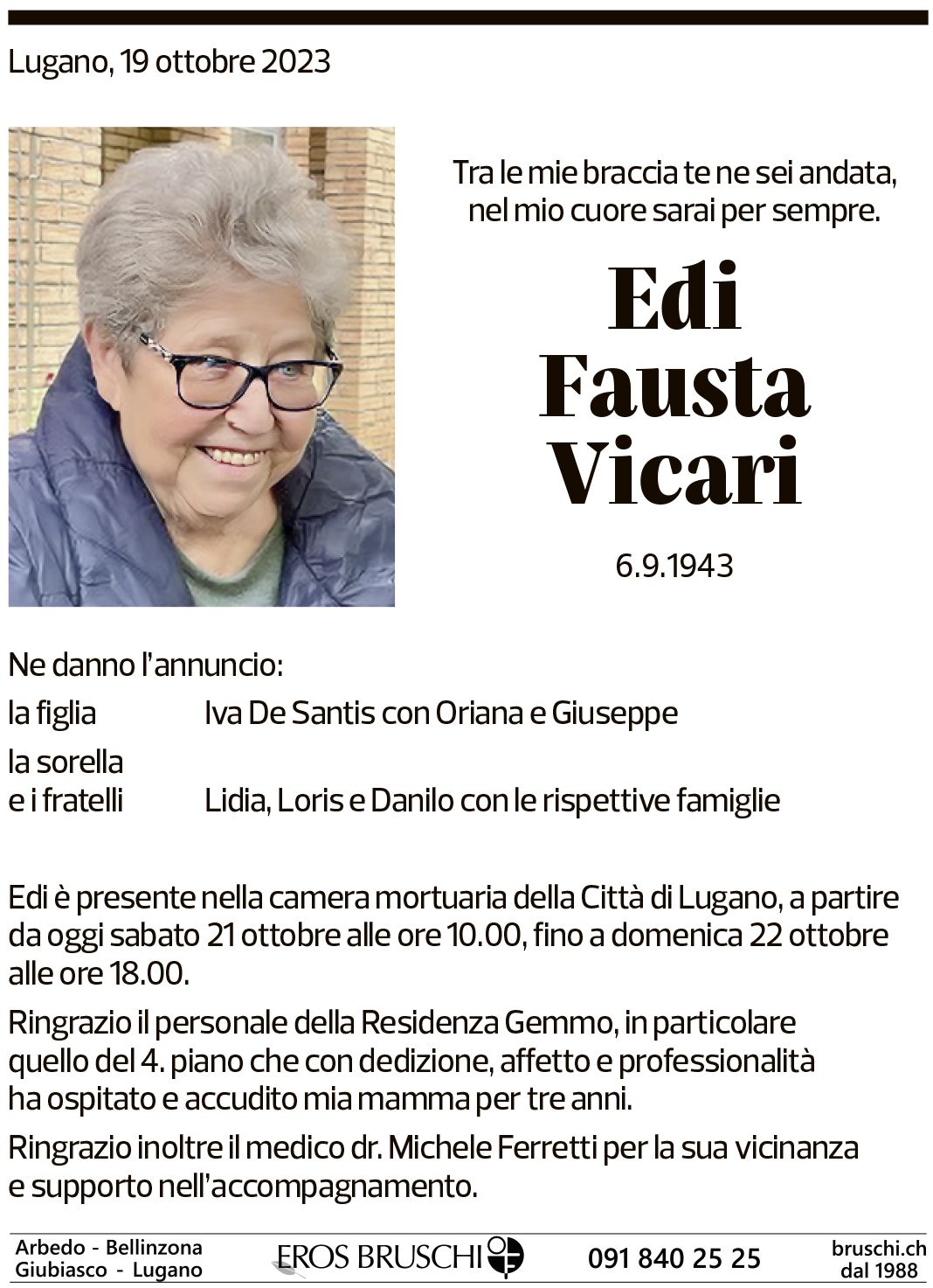 Annuncio funebre Edi Fausta Vicari