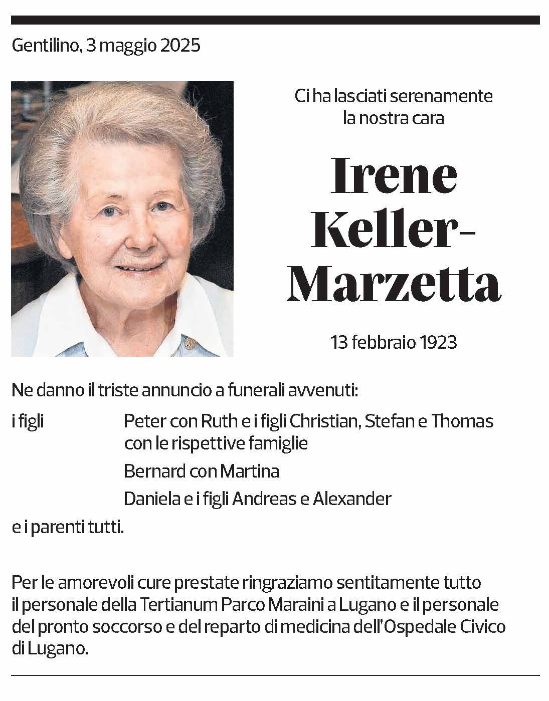 Annuncio funebre Irene Keller-marzetta