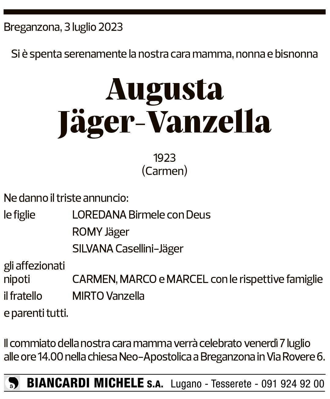 Annuncio funebre Augusta Jäger-vanzella