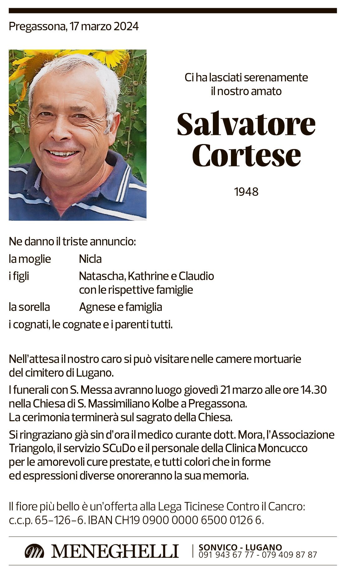 Annuncio funebre Salvatore Cortese