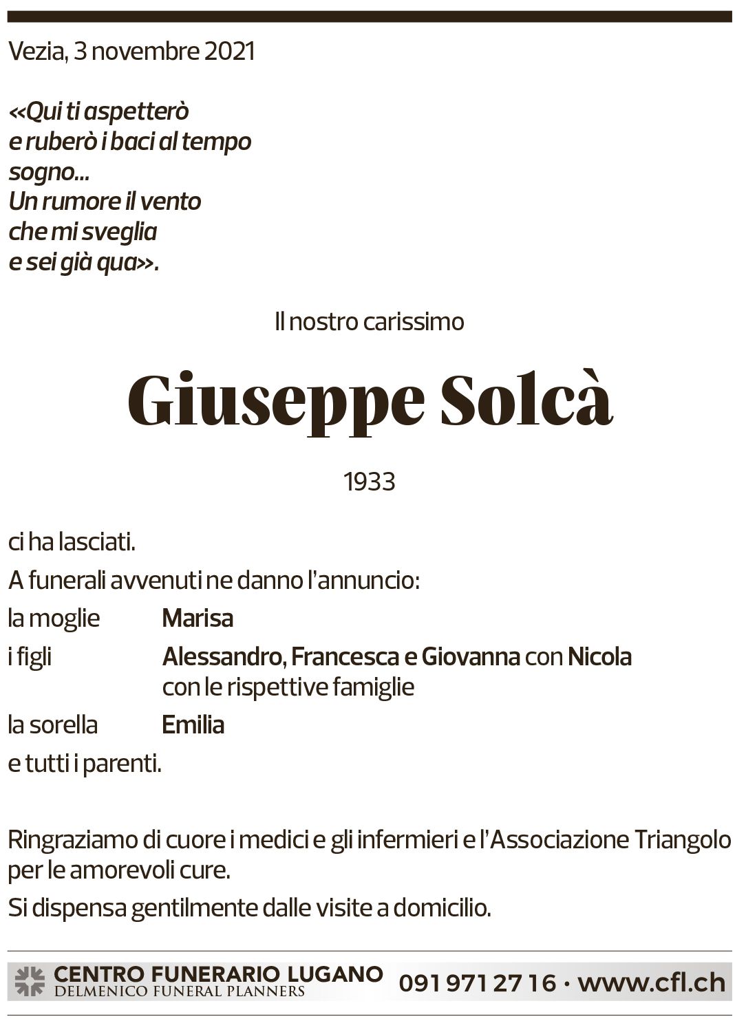 Annuncio funebre Giuseppe Solcà