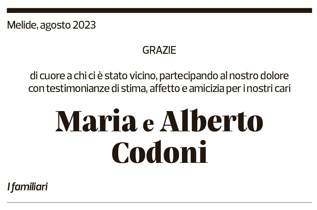 Annuncio funebre Maria E Alberto Codoni