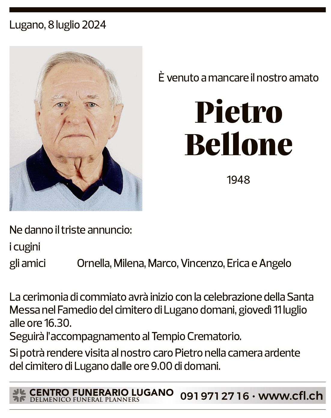 Annuncio funebre Pietro Bellone