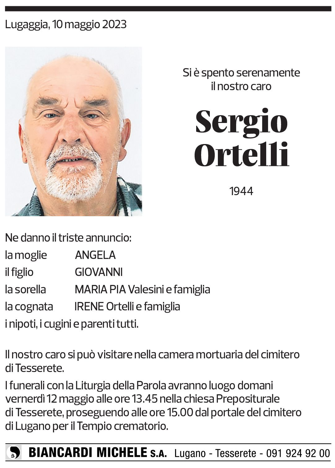 Annuncio funebre Sergio Ortelli