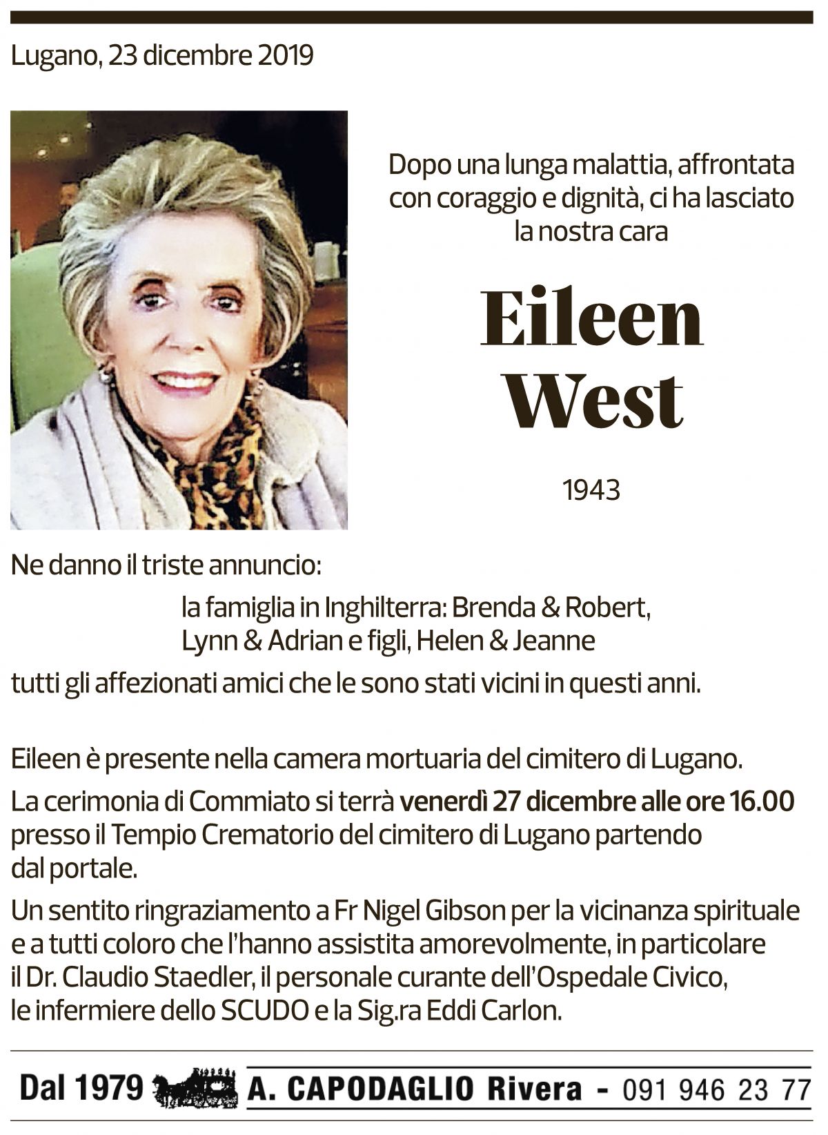 Annuncio funebre Eileen West