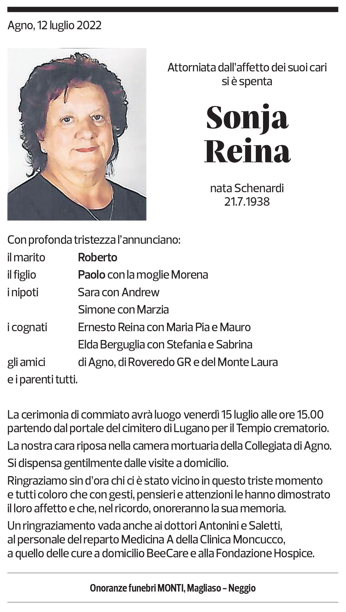 Annuncio funebre Sonja Reina