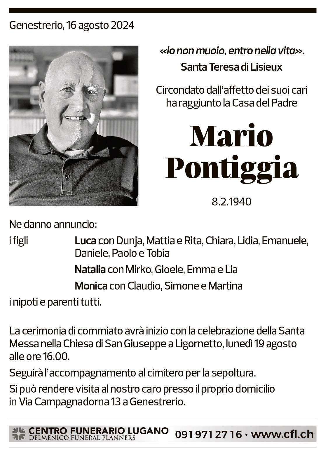 Annuncio funebre Mario Pontiggia