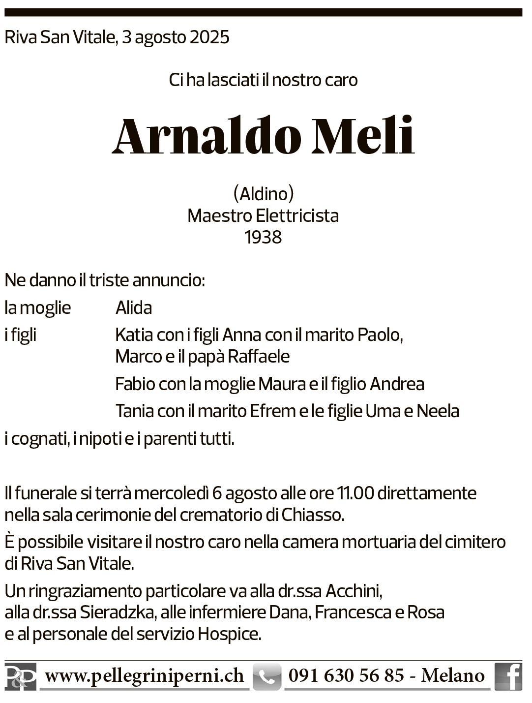 Annuncio funebre Arnaldo Meli