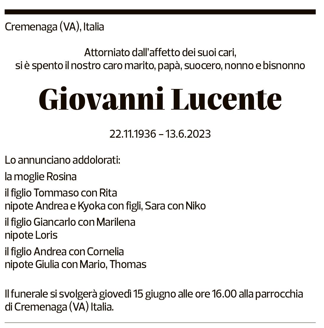 Annuncio funebre Giovanni Lucente