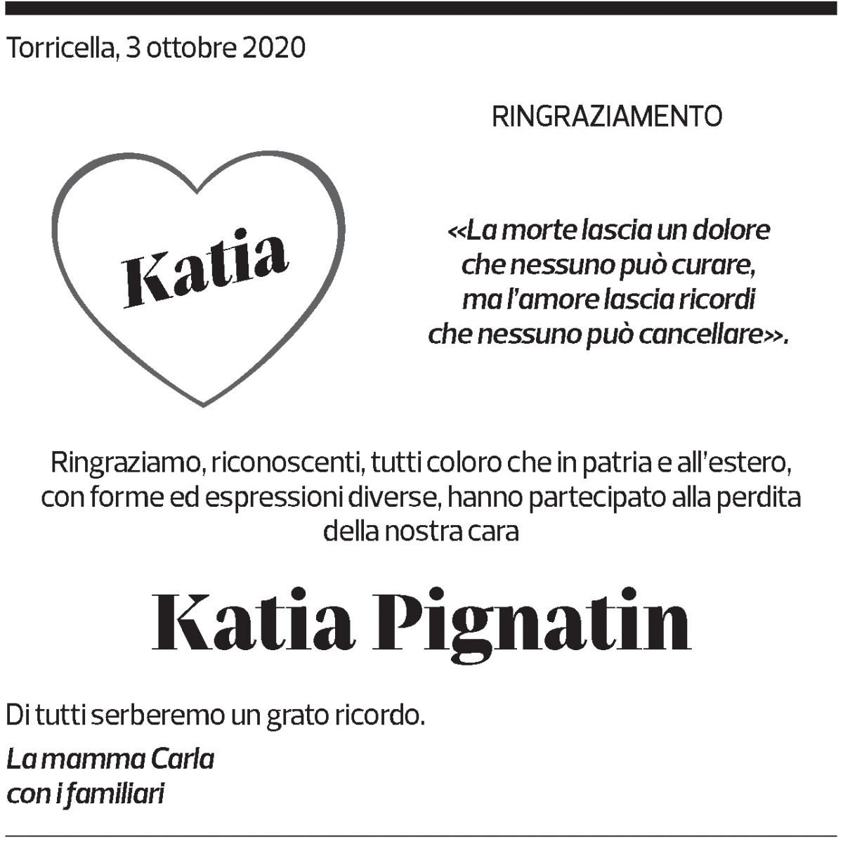 Annuncio funebre Katia Pignatin
