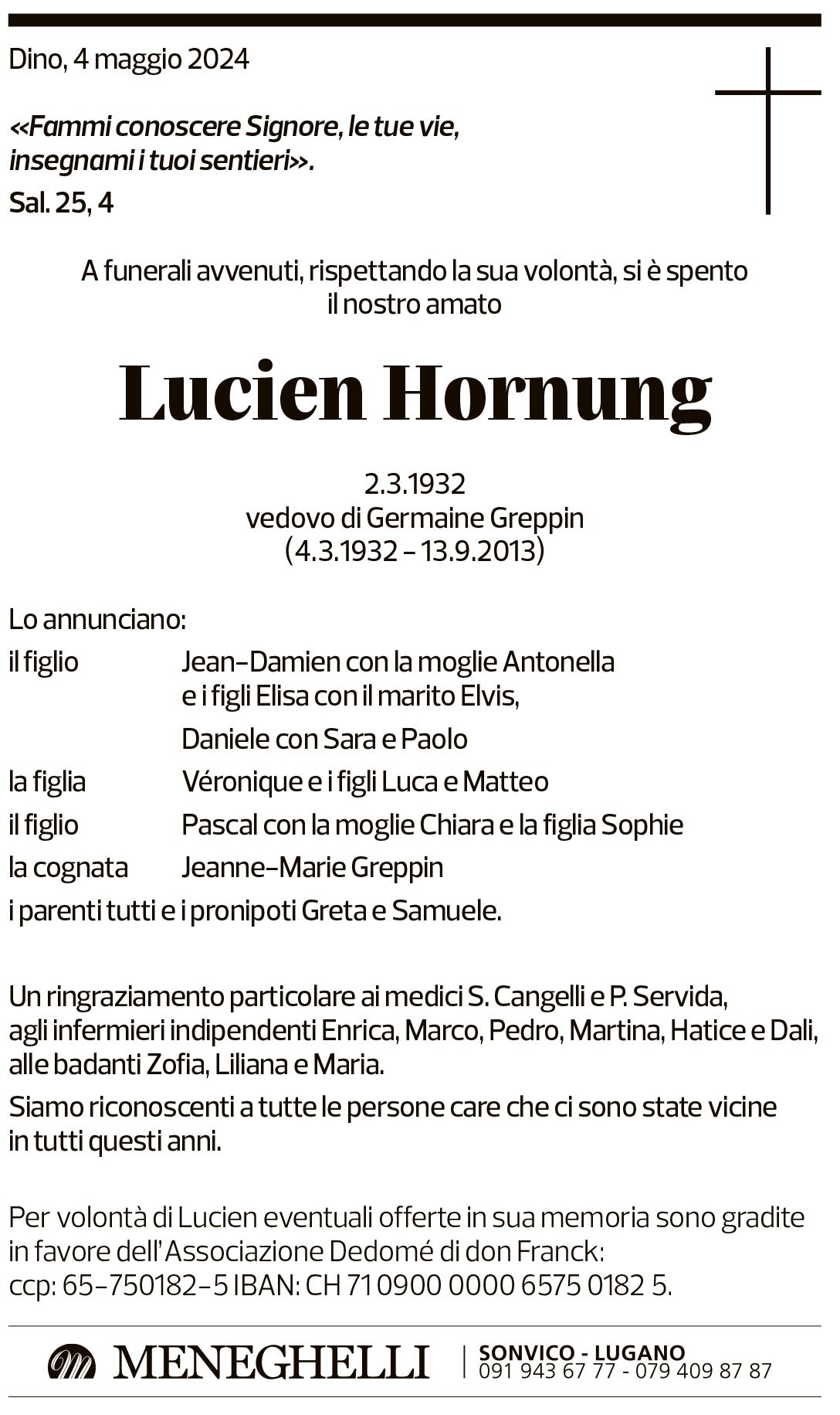 Annuncio funebre Lucien Hornung