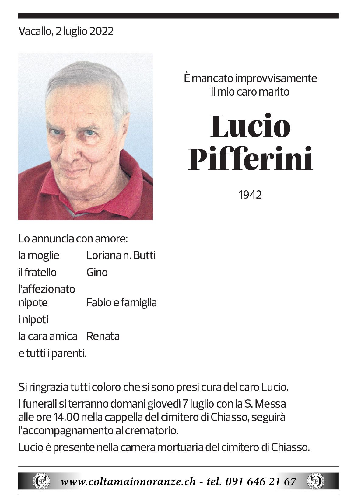 Annuncio funebre Lucio Pifferini