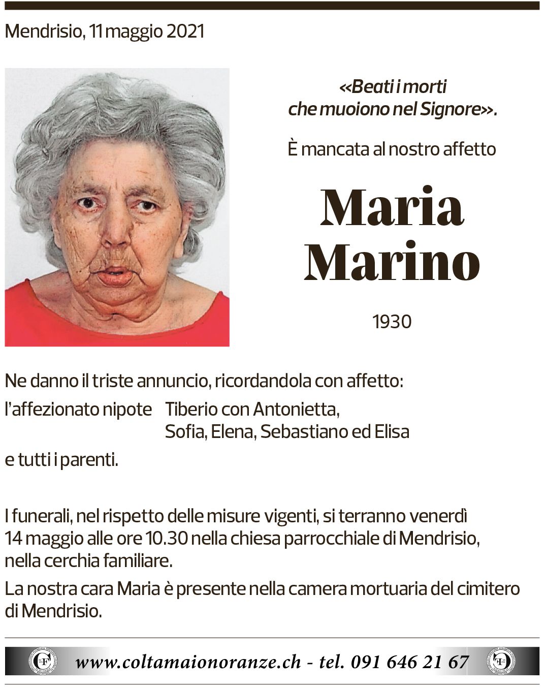 Annuncio funebre Maria Marino