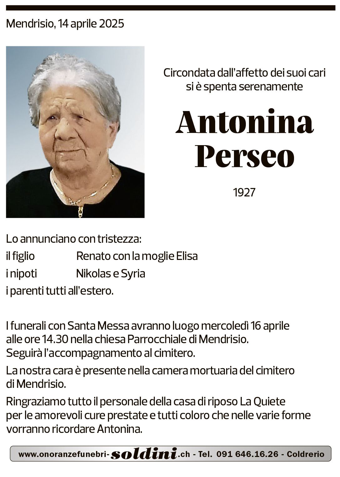 Annuncio funebre Antonina Perseo