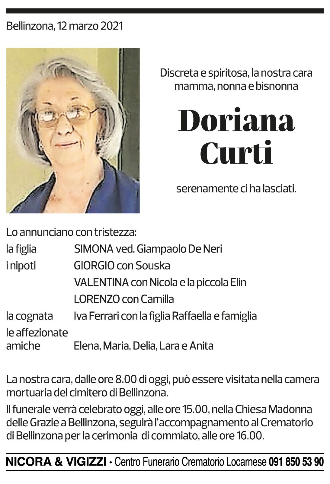 Annuncio funebre Doriana Curti