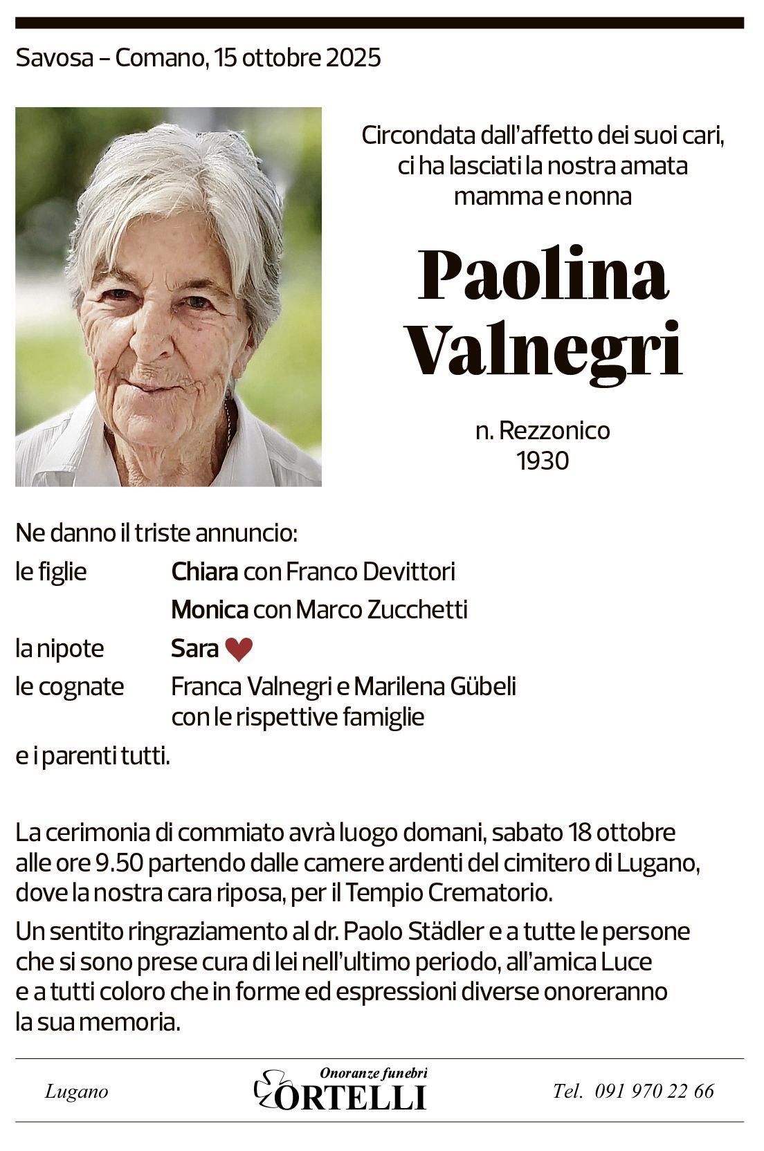 Annuncio funebre Paolina Valnegri
