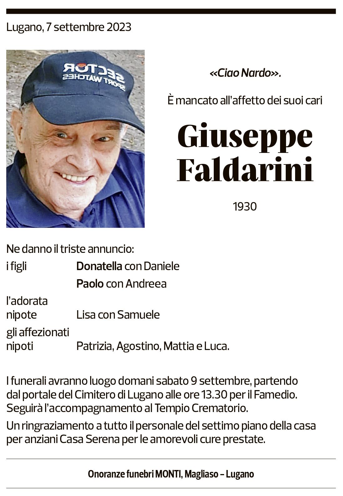 Annuncio funebre Giuseppe Faldarini