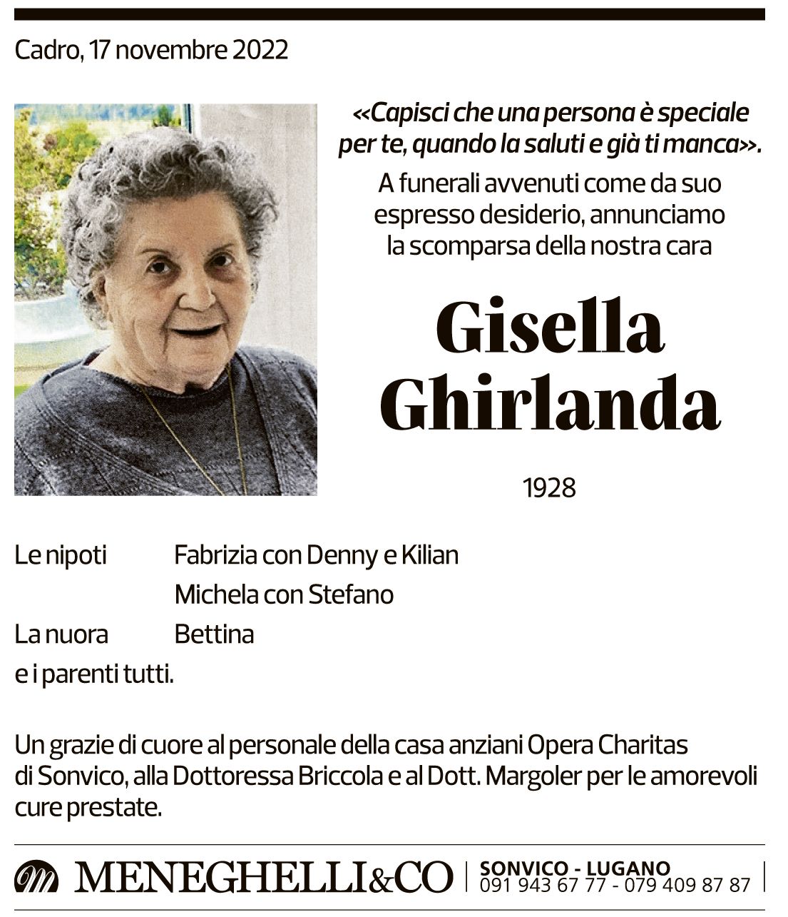 Annuncio funebre Gisella Ghirlanda