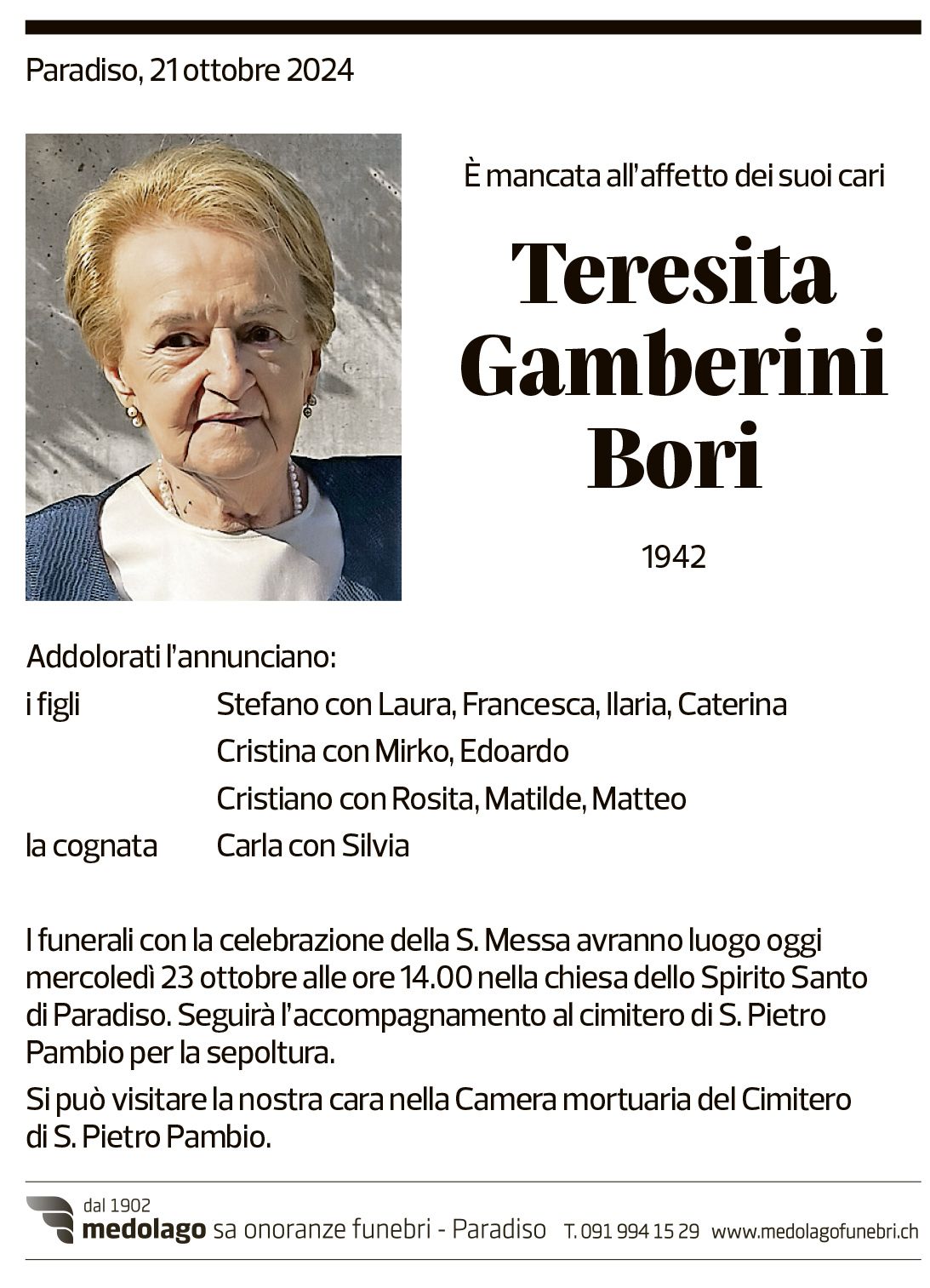 Annuncio funebre Teresita Gaberini Bori