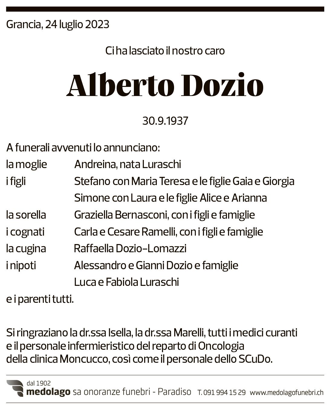 Annuncio funebre Alberto Dozio