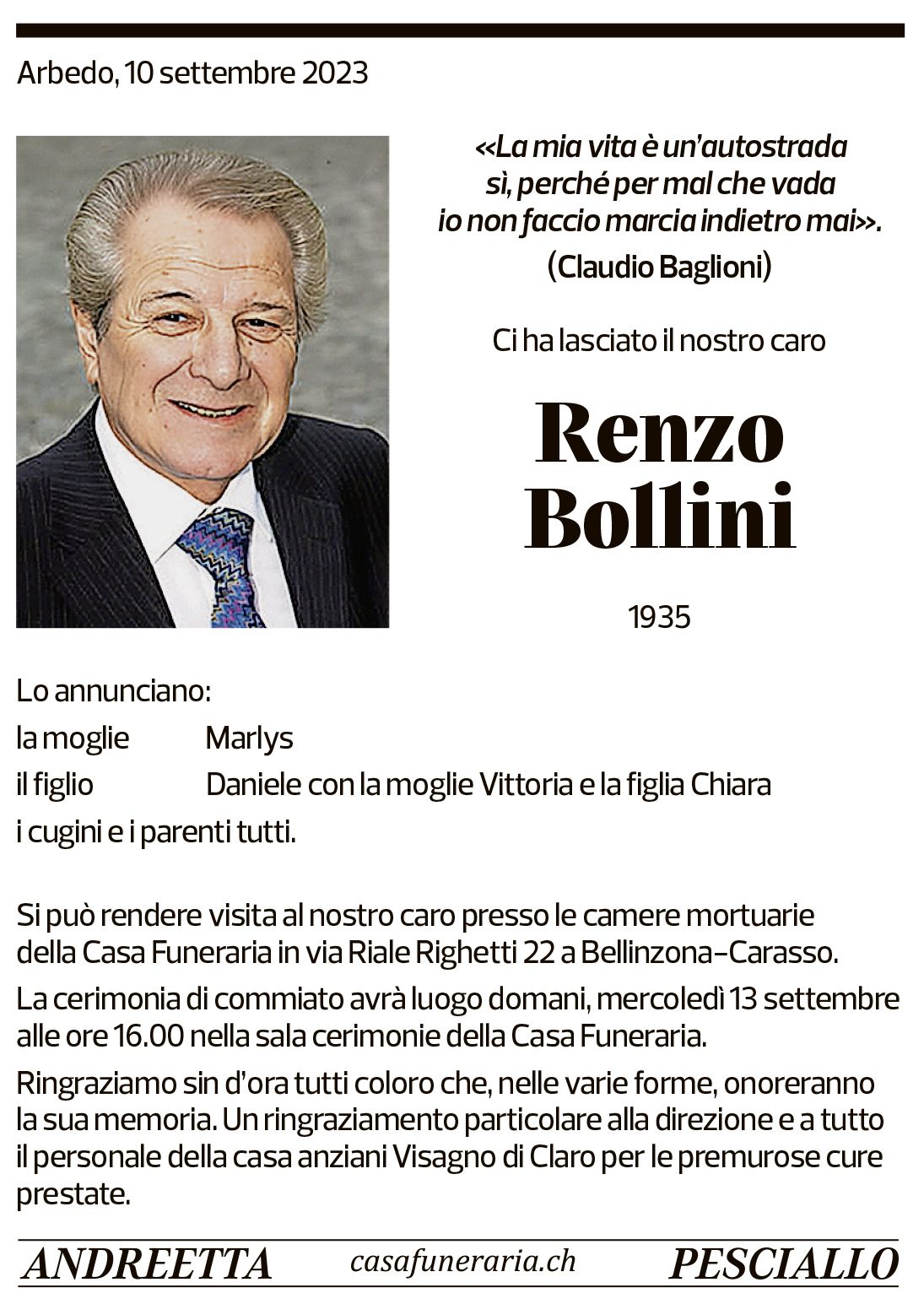 Annuncio funebre Renzo Bollini