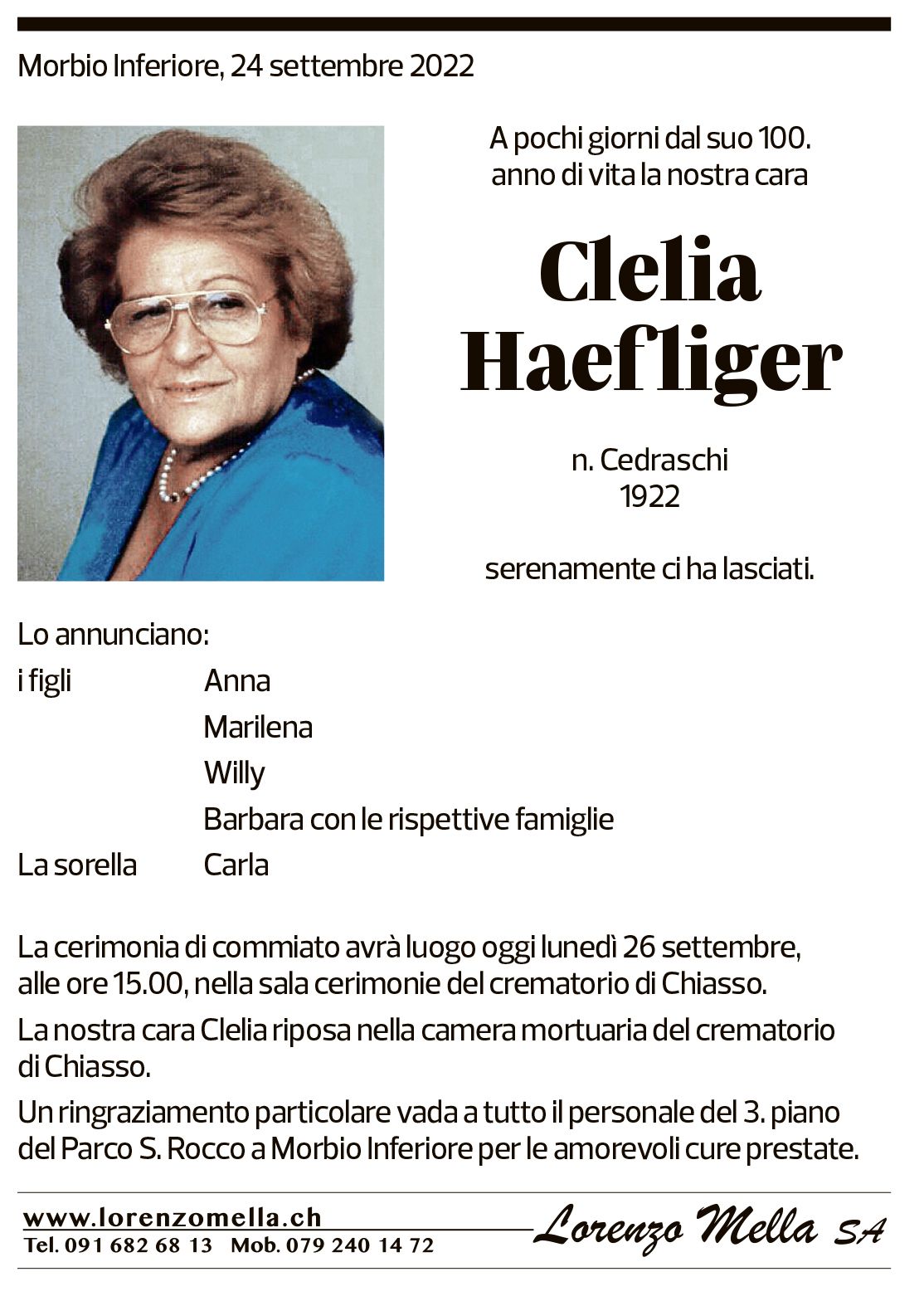 Annuncio funebre Clelia Haefliger