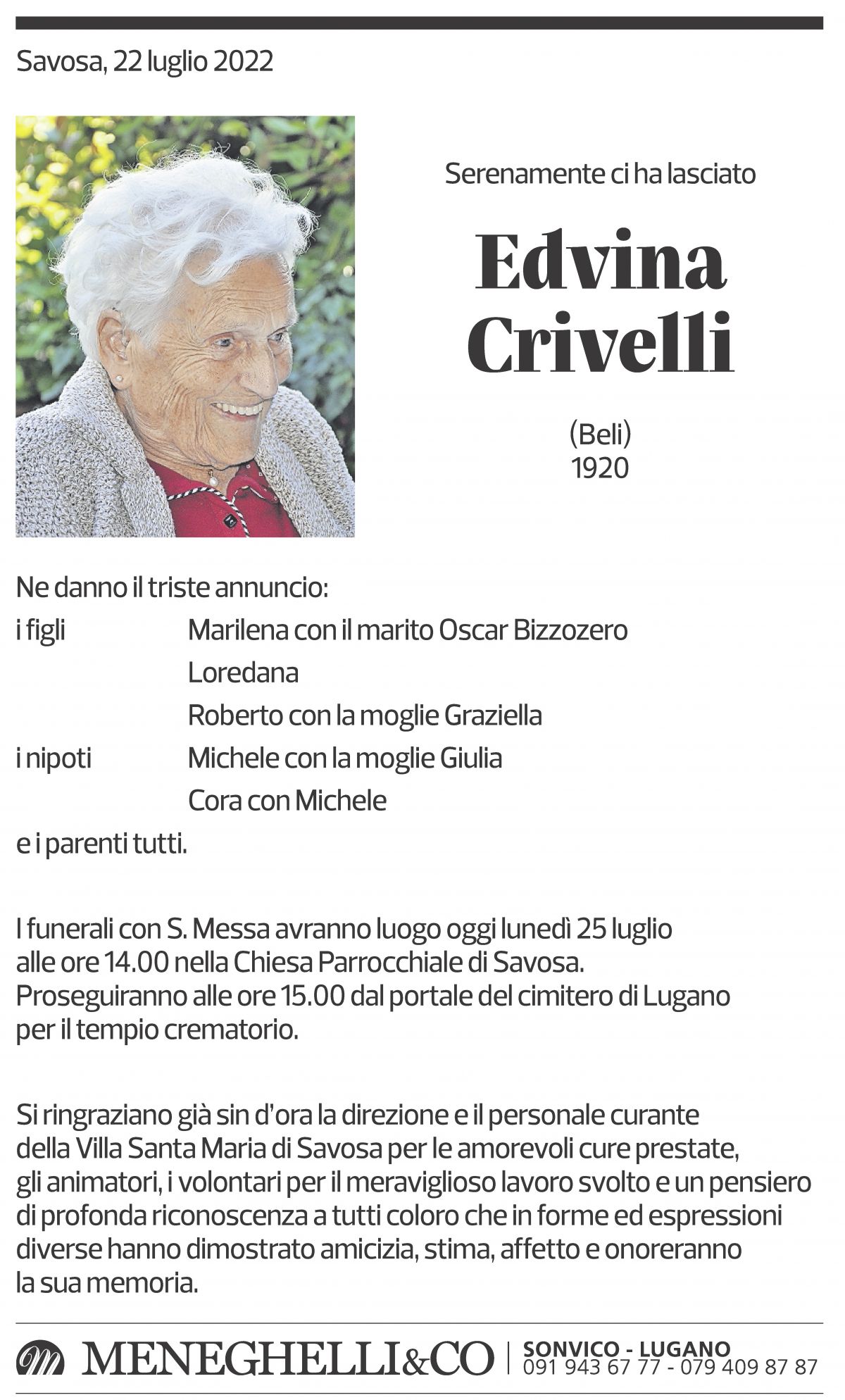 Annuncio funebre Edvina Crivelli