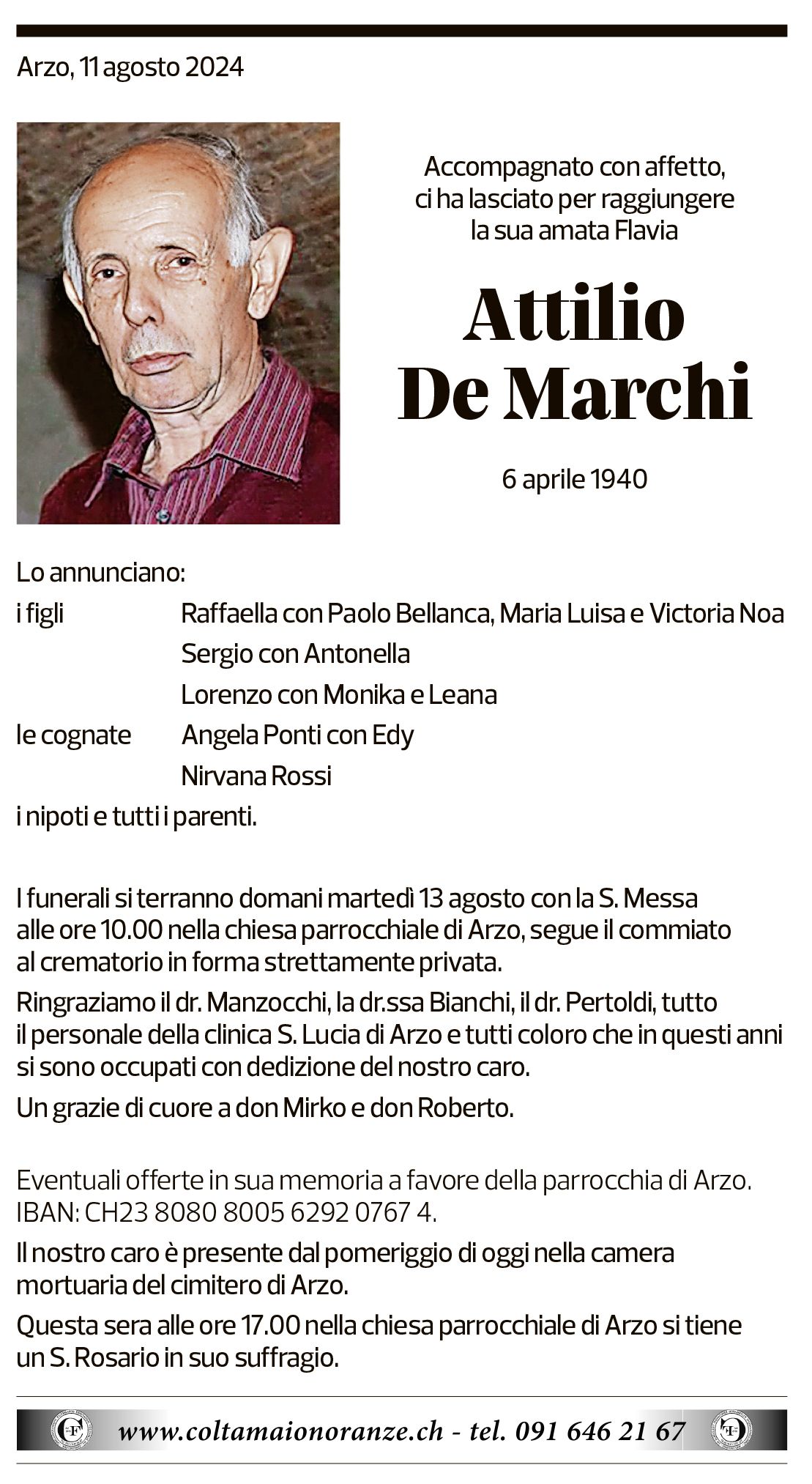 Annuncio funebre Attilio De Marchi