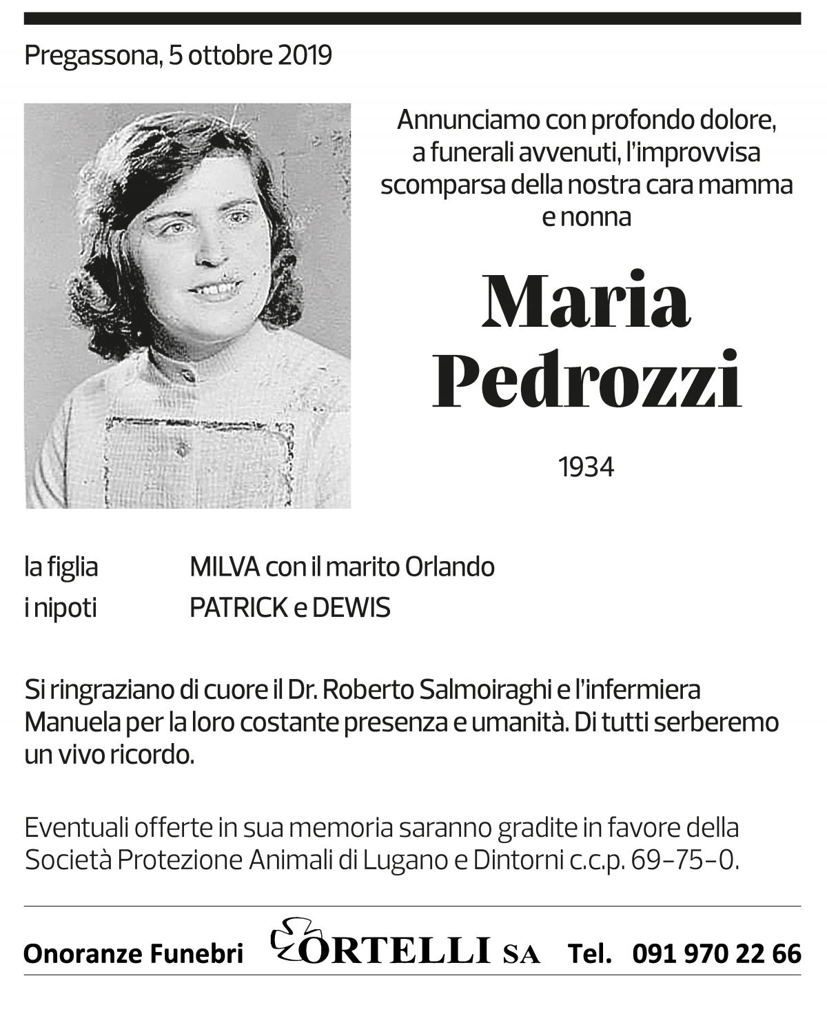 Annuncio funebre Maria Pedrozzi