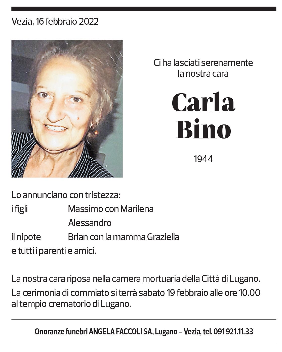 Annuncio funebre Carla Bino