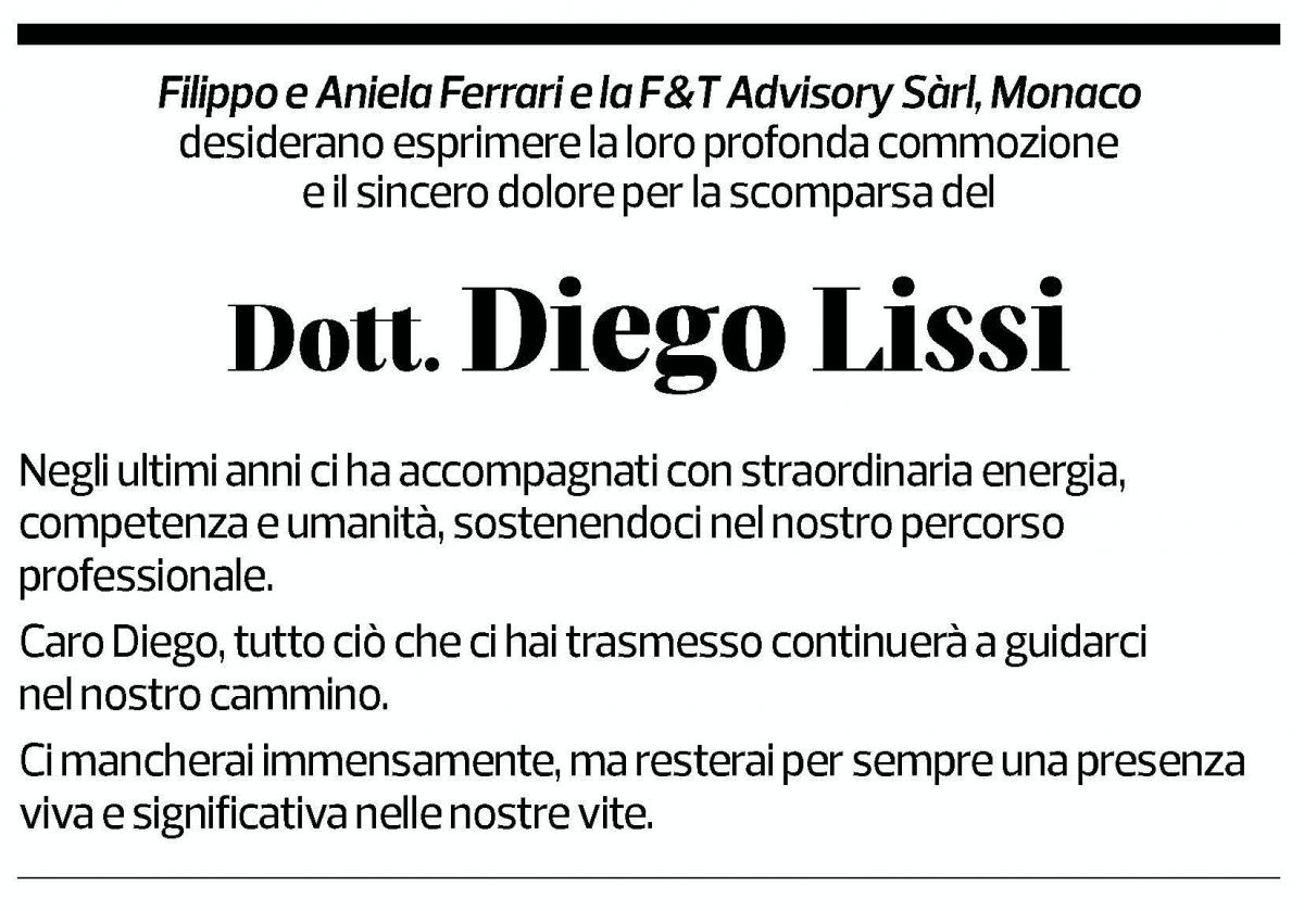 Annuncio funebre Diego Lissi