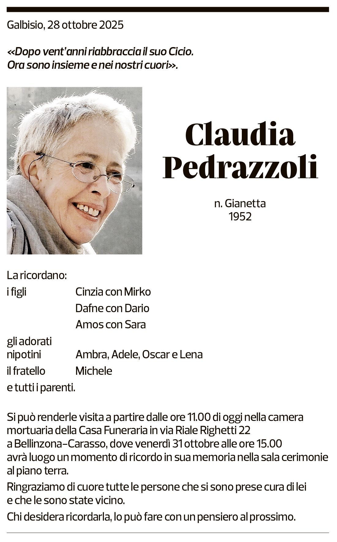 Annuncio funebre Claudia Pedrazzoli