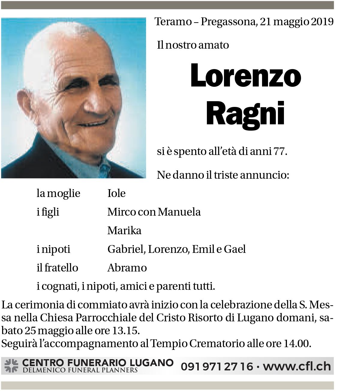 Annuncio funebre Lorenzo Ragni