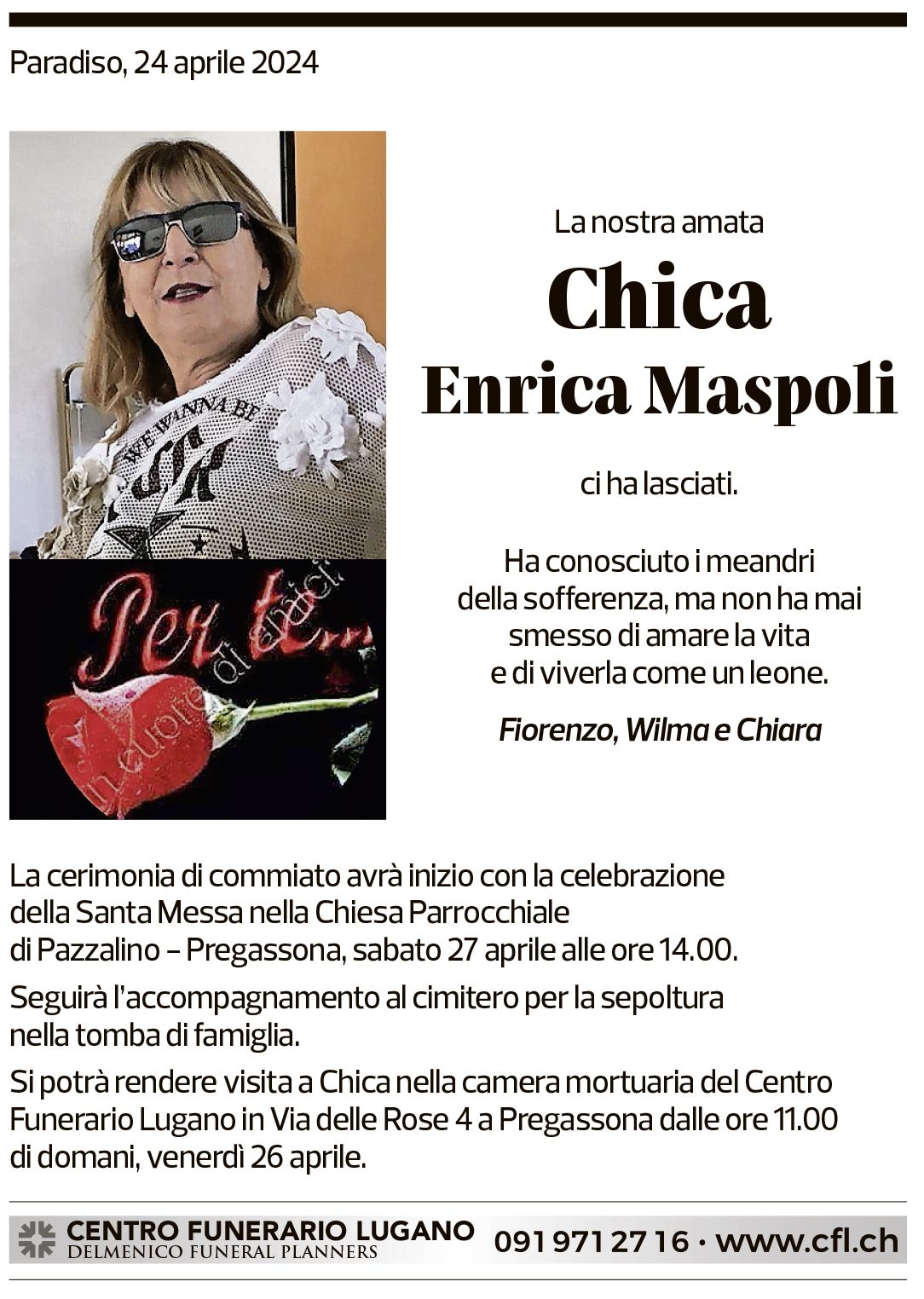 Annuncio funebre Enrica Chica Maspoli