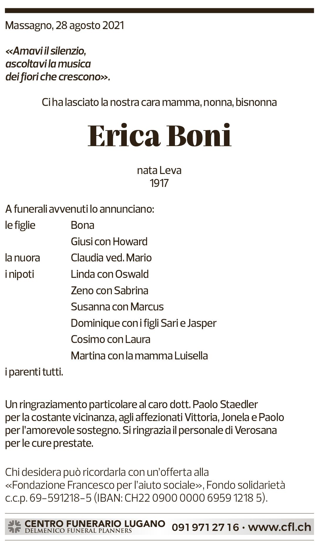 Annuncio funebre Erica Boni