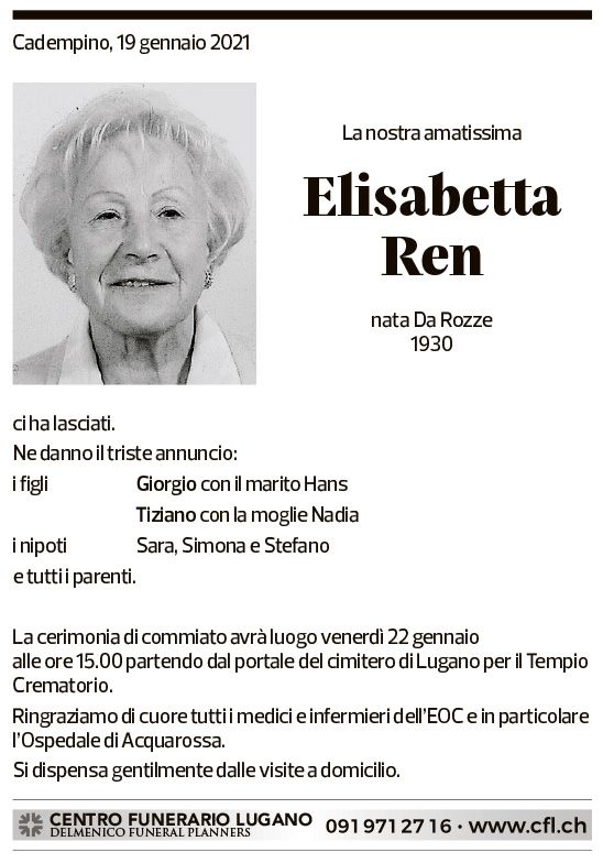 Annuncio funebre Elisabetta Ren