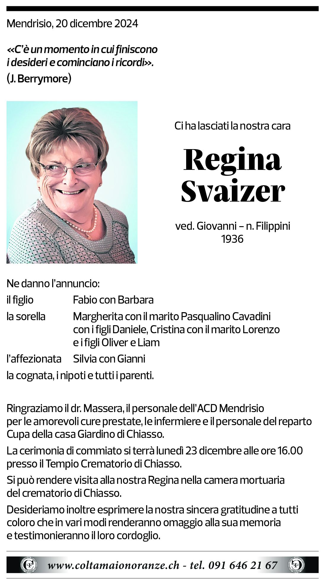 Annuncio funebre Regina Svaizer