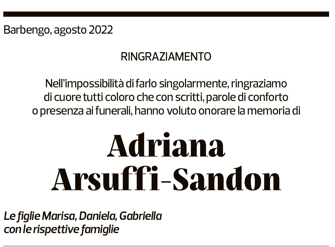 Annuncio funebre Adriana Arsuffi-sandon