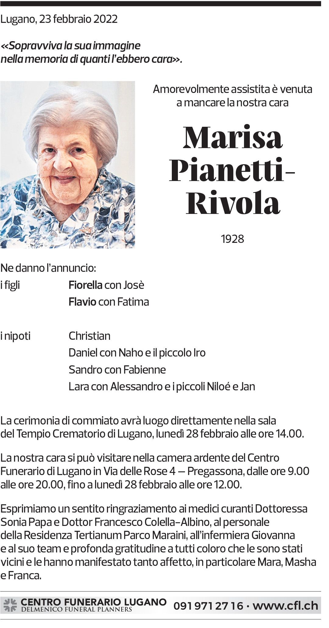 Annuncio funebre Marisa Pianetti-rivola