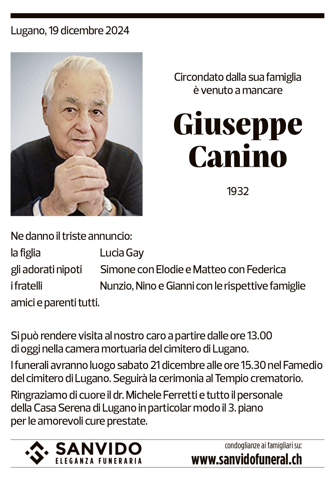 Annuncio funebre Giuseppe Canino