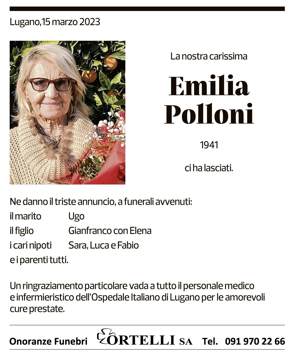 Annuncio funebre Emilia Polloni