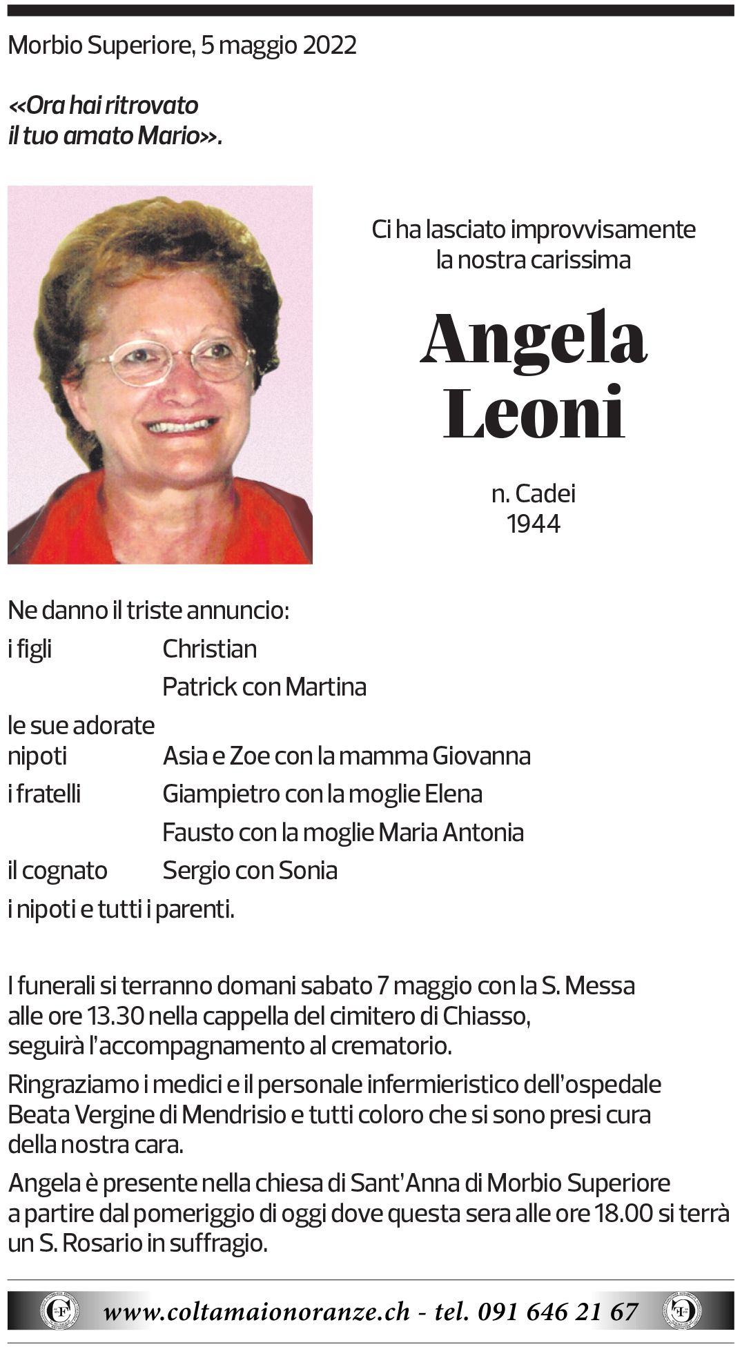 Annuncio funebre Angela Leoni