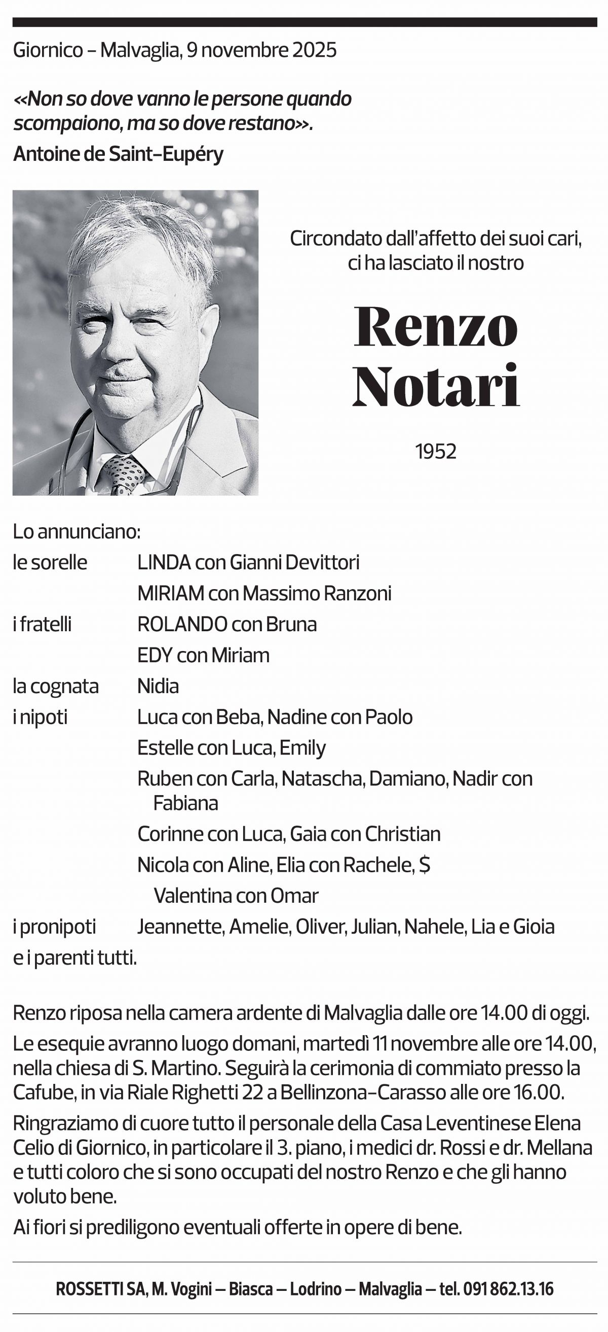 Annuncio funebre Renzo Notari