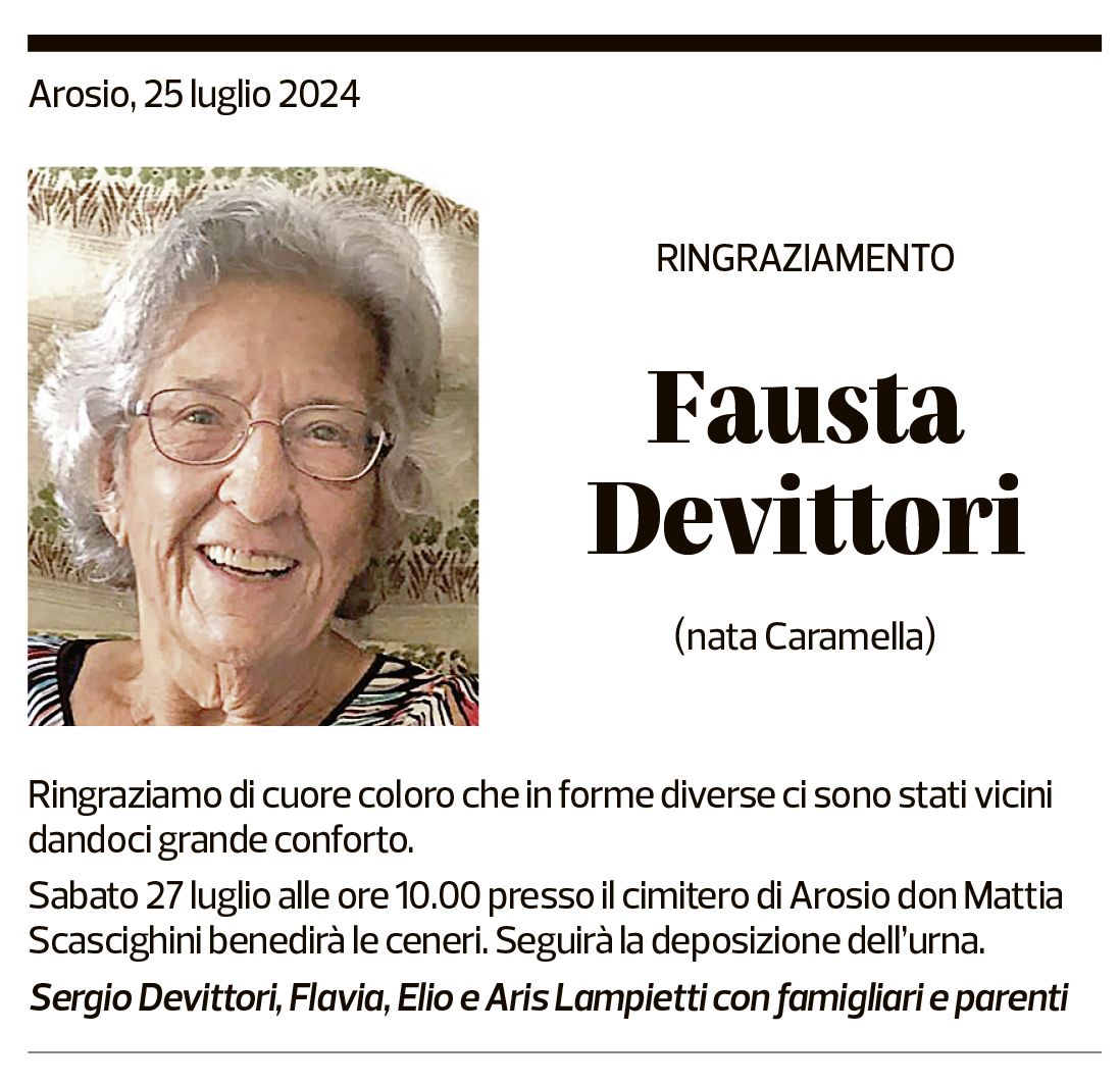 Annuncio funebre Fausta Devittori