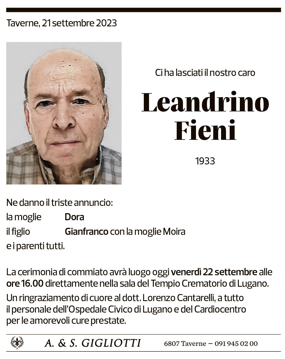 Annuncio funebre Leandrino Fieni